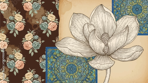 A large white lotus flower in the foreground with floral and mandala patterns in the background, viewed from directly above