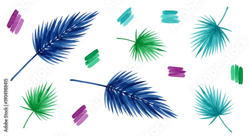 Vibrant tropical leaves and feathers scattered in a lively arrangement overhead view