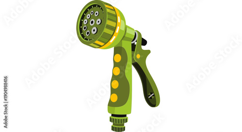 A detailed illustration of a green hose spray nozzle with multiple settings on a white background from a straight-on viewpoint