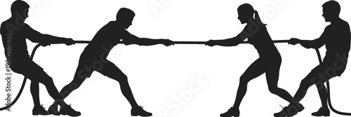 People in a tug of war competition with a rope isolated on white background