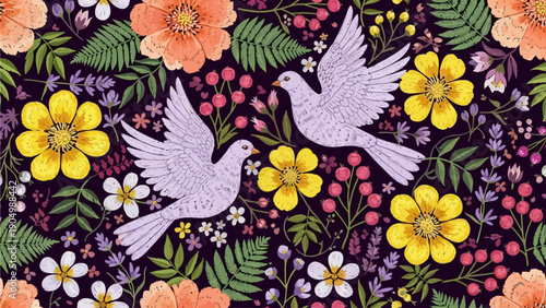 Two white doves flying amidst vibrant floral patterns and lush greenery in a serene and peaceful illustration
