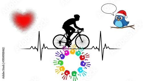 Person cycling with heartbeat rhythm, bird observing from branch, symbolizing health and wellness