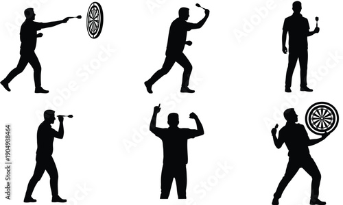 Silhouettes of athletes demonstrating various throwing techniques and stances isolated on white background, Vector, illustration