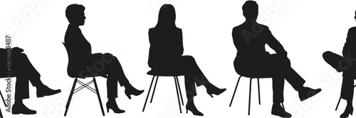 Silhouette of people sitting on chairs in a row against a white background isolated on white background