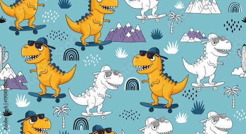 Illustration of dinosaurs wearing sunglasses and hats in a playful landscape with mountains and rainbows