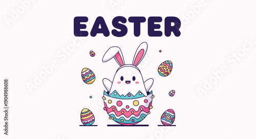 Easter Bunny in Egg with Decorated Eggs Surrounding.