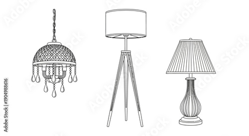 A line drawing of a chandelier, tripod lamp, and table lamp on a white background from a front viewpoint.