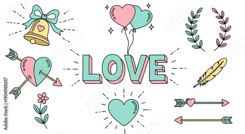 Illustration of love-themed elements including hearts, arrows, and flowers arranged around the word love
