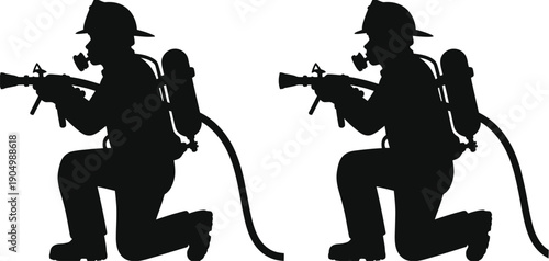 Two soldiers with backpacks and rifles in a kneeling position isolated on white background