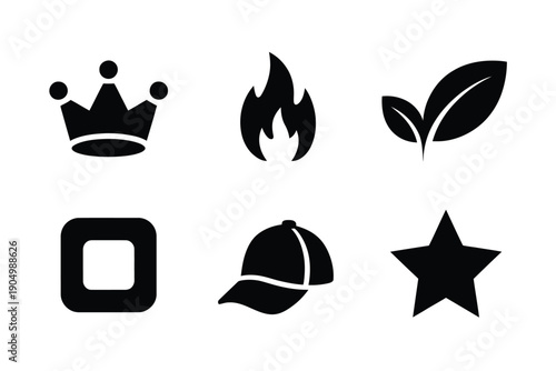 Six distinct icons representing classic symbols and emblems in black and white isolated on white background, Vector, illustration
