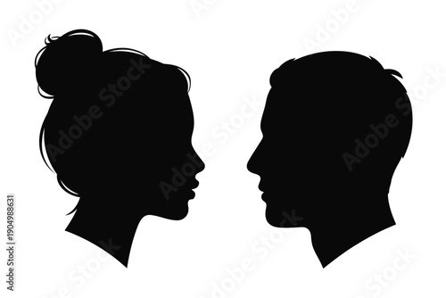 Silhouettes of a woman with a bun and a man facing each other isolated on white background