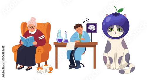 An elderly person reads a book while a doctor works on a laptop at a desk with a robotic cat nearby in a cozy indoor setting from a frontal viewpoint