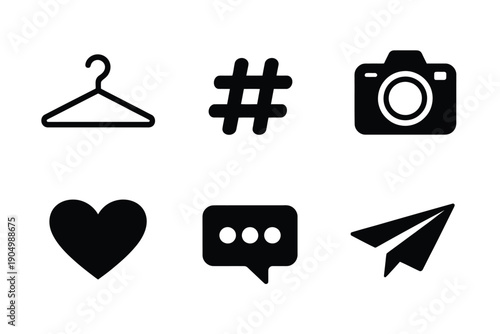 Collection of six minimalist icons representing various common functions and symbols isolated on white background, Vector, illustration