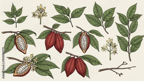 Cocoa tree parts including flowers fruits and leaves illustration