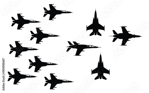 A fleet of fighter jets flying in formation against a white background isolated on white background