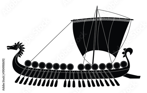 Ancient viking ship with dragon-headed prow sailing on calm waters isolated on white background