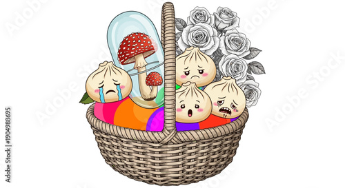 Three babies in a wicker basket surrounded by flowers and a mushroom, viewed from above, in a whimsical illustration