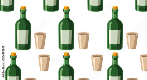 A seamless pattern featuring green bottles and paper cups on a plain background from a top-down viewpoint