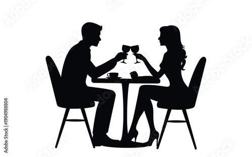 A couple enjoying a romantic dinner at a restaurant with wine glasses. isolated on white background