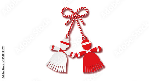 Red and white striped ribbons with tassels hanging from a loop, viewed from directly above, against a plain background