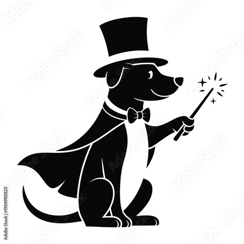 A whimsical black and white illustration of a dog in a top hat and cape holding a magic wand. isolated on white background