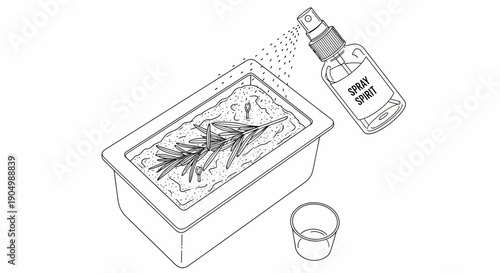 A rectangular container holding plant specimens is being sprayed with liquid from a bottle, with a small cup nearby, in a simple line drawing style from an overhead viewpoint