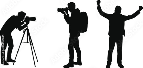 Three individuals engaged in various activities, including photography and celebration. isolated on white background