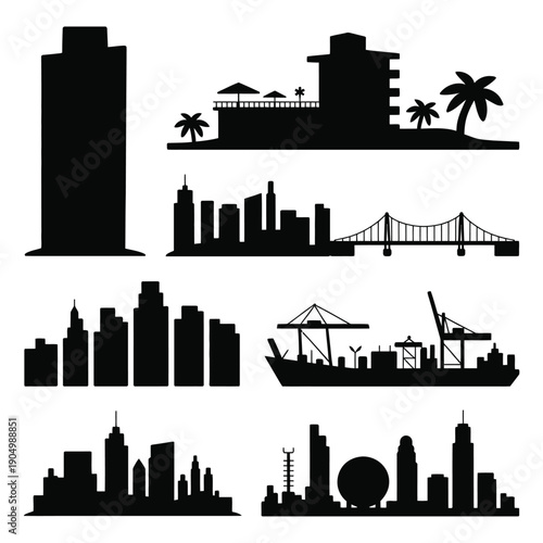 Diverse cityscape and industrial icons set in black and white isolated on white background