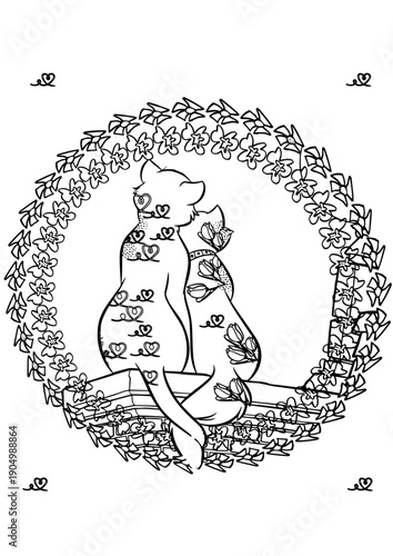 Two Cute Cats in Love Looking at Stars Coloring Page 
