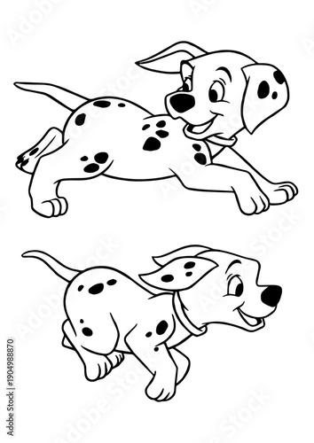 Happy Dalmatian Puppies Coloring Page for Kids, Cute Playful Dalmatian Pups Outline Transparent Background