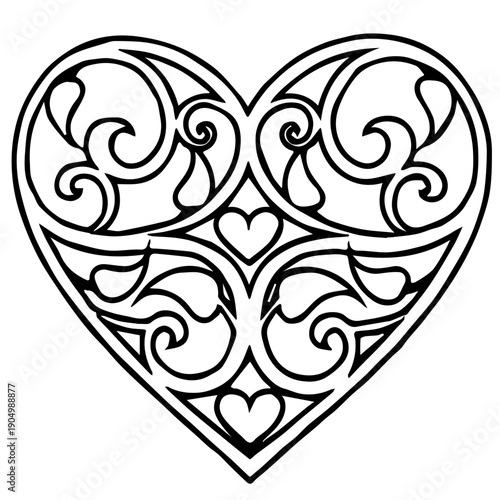Vintage Heart Coloring Page for Kids, Cute Retro Ornate Heart Outline Transparent Background