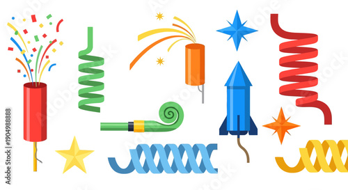 Vibrant fireworks and party accessories displayed against a clean background from a straightforward viewpoint