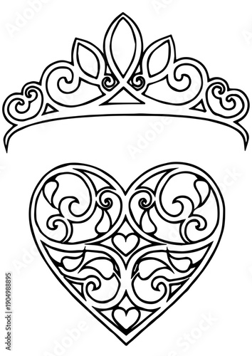 Vintage Heart with Crown Coloring Page for Kids, Cute Retro Royal Heart Outline Transparent Background