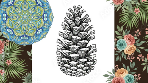 Illustration of a pine cone surrounded by floral patterns and foliage designs on a white background from a direct viewpoint
