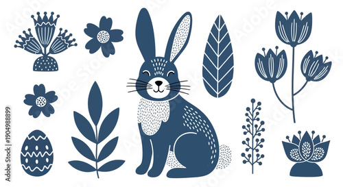 Easter bunny surrounded by flowers, leaves, and eggs in a decorative illustration from a front viewpoint