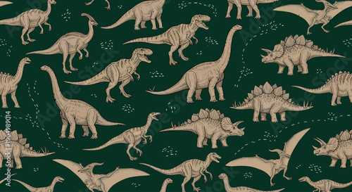 Ancient dinosaurs scattered across a dark green background in a seamless pattern viewed from directly above