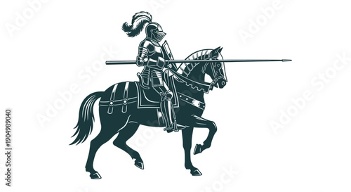 A knight on horseback riding dynamically with a lance from a side viewpoint