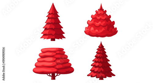 Four red Christmas trees in various illustrative styles on a plain background from a direct viewpoint