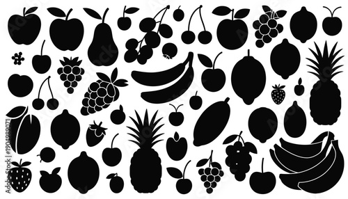 A delightful assortment of black and white fruit illustrations showcasing nature's bounty isolated on white background