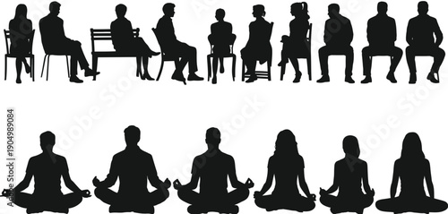 A contrast between traditional seating and mindfulness meditation practices isolated on white background