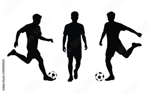 Three silhouetted soccer players in action with a ball each isolated on white background