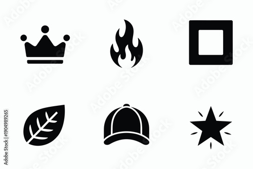 Classic icons depicting chess piece, fire, square, leaf, helmet, and star symbols isolated on white background, Vector, illustration
