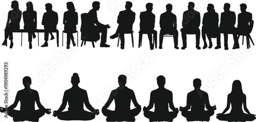 Silhouettes of people sitting in chairs and meditating in a serene environment isolated on white background