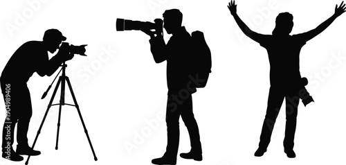 Three silhouettes representing photography, adventure, and celebration isolated on white background