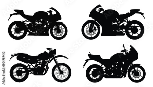 Four distinct silhouettes of motorcycles showcasing various styles and designs isolated on white background