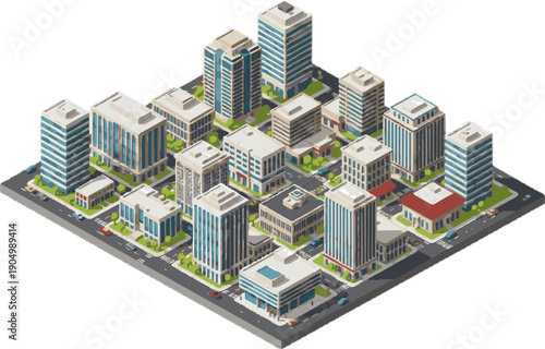 Isometric Cityscape Illustration Modern Urban Block Buildings Roads Cars Traffic Architecture Town