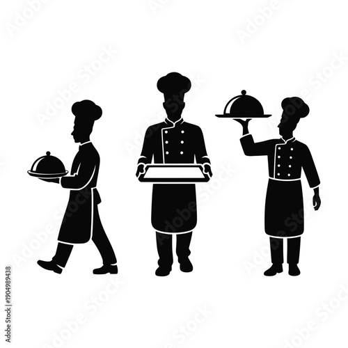 Three chefs carrying trays of food in a professional kitchen setting isolated on white background, Vector, illustration
