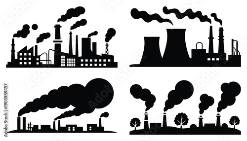 Four distinct factories emitting smoke and pollutants into the atmosphere isolated on white background
