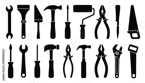 Assorted collection of various tools depicted in black and white isolated on white background