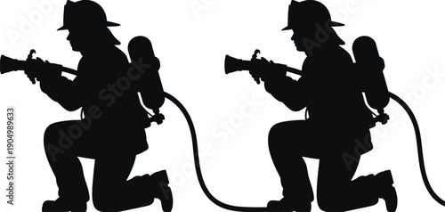 Two firefighters with hoses and oxygen tanks in action against a white background isolated on white background